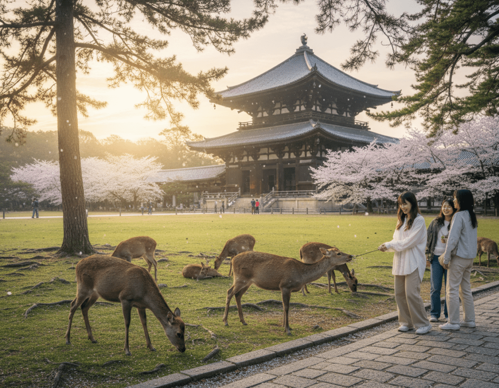 A serene view of Nara Park in Japan during the early morning hours, filled with gentle golden light filtering through the trees. In the foreground, a family of friendly deer grazes on the lush green grass, with one deer playfully nibbling on a visitor's shirt. In the middle ground, the majestic Great Buddha (Daibutsu) sits impressively within Todai-ji Temple, showcasing intricate wooden architecture. The background features a tranquil grove of cherry blossom trees, their petals softly falling, creating a dreamy atmosphere. Capture the scene from a slightly elevated angle, allowing the viewer to appreciate the spread of both nature and culture in this iconic location.