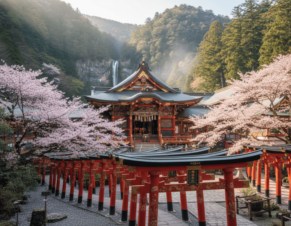 A serene view of Nikko Shrine nestled amidst lush, verdant mountains in Japan. In the foreground, intricately carved wooden torii gates adorned with vibrant red and gold details. The middle ground features the grand main hall of the shrine, embellished with ornate decorations and surrounded by blooming cherry blossom trees in full pink bloom. In the background, a tranquil waterfall cascades down rocky cliffs, with mist softly rising into the air, enhancing the spiritual ambiance. Soft, dappled sunlight filters through the trees, creating a warm glow throughout the scene. The angle is slightly elevated, capturing the harmony of nature and architecture. The mood is peaceful and reverent, inviting contemplation and awe at this historical site.