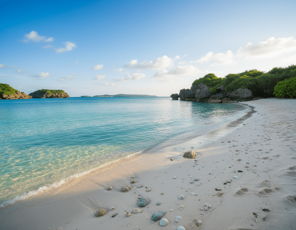A serene view of Nishibama Beach on Aka Island, showcasing soft white sand gently lapped by clear turquoise waters. In the foreground, a few smooth pebbles dot the beach, with delicate seashells scattered across the sand. The middle ground features a lush green landscape of tropical flora and vibrant flowers, while the background boasts a stunning view of rugged cliffs and distant islands under a bright blue sky with fluffy white clouds. The lighting is warm and inviting, reminiscent of a late afternoon sun casting soft golden hues. The atmosphere is tranquil and idyllic, ideal for a relaxing getaway, captured with a wide-angle lens to emphasize the beach's beauty and serenity. A serene view of Nishibama Beach on Aka Island, showcasing soft white sand gently lapped by clear turquoise waters. In the foreground, a few smooth pebbles dot the beach, with delicate seashells scattered across the sand. The middle ground features a lush green landscape of tropical flora and vibrant flowers, while the background boasts a stunning view of rugged cliffs and distant islands under a bright blue sky with fluffy white clouds. The lighting is warm and inviting, reminiscent of a late afternoon sun casting soft golden hues. The atmosphere is tranquil and idyllic, ideal for a relaxing getaway, captured with a wide-angle lens to emphasize the beach's beauty and serenity.