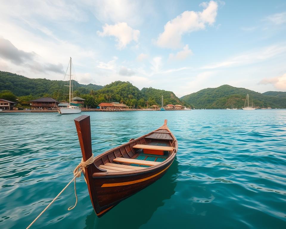 A serene view of Pulau Langkawi during the early morning light, showcasing a picturesque harbor. In the foreground, a small, traditional wooden boat gently floats in calm turquoise waters, reflecting pastel colors of the dawn sky. In the middle ground, lush green hills rise from the coastline, dotted with rustic wooden chalets and palm trees. The background features a clear sky with scattered clouds, creating a sense of tranquility and adventure. The atmosphere is inviting, ideal for travelers embarking on their vacation. Capture this scene with a wide-angle lens, emphasizing the spaciousness of the landscape, and use soft lighting to enhance the serene and peaceful mood of the setting.