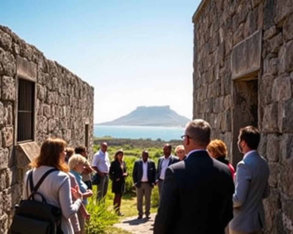 A serene view of Robben Island, featuring a guided tour group in professional attire exploring the historical site. In the foreground, a diverse group of visitors listens intently to a knowledgeable guide. They stand near the iconic prison entrance, with weathered stone walls and barred windows visible. In the middle ground, lush greenery and coastal shrubs frame the scene, hinting at the island's natural beauty. The background displays the distant silhouette of Table Mountain under a clear blue sky, evoking a sense of peace and reflection. Soft, warm lighting highlights the textures of the prison walls and the expressions of the visitors, capturing the atmosphere of remembrance and education.