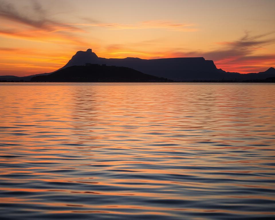 A serene view of Robben Island reflecting on calm water at sunset, capturing the island's historical significance. In the foreground, gently rippling water reflects the warm hues of the setting sun, creating a peaceful ambiance. The middle ground features the rugged landscape of the island, with its iconic prison building visible and surrounded by sparse vegetation. In the background, the silhouette of Table Mountain looms majestically against a colorful sky, blending shades of orange, pink, and purple. The lighting is soft and warm, enhancing the contemplative mood. The scene is devoid of people, emphasizing solitude and reflection, inviting viewers to ponder the deep historical context of this meaningful place.