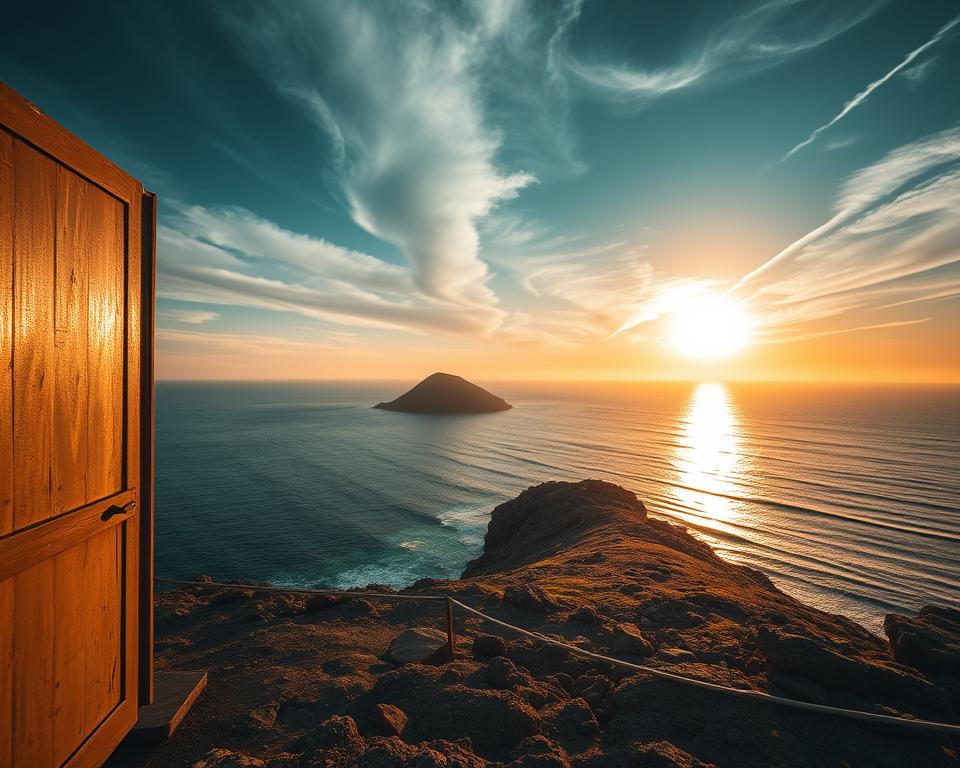 A serene view of Robben Island, showcasing the cell where Nelson Mandela was imprisoned. In the foreground, an open cell door reveals a simple, stark interior with a small bed and a wooden stool, symbolizing resilience. The middle ground features the rugged, rocky coastline of the island, meeting the clear blue waters of the Atlantic Ocean, with light waves lapping at the shore. In the background, a dramatic sky with wispy clouds reflects the setting sun, casting warm golden tones and deep shadows across the landscape. The atmosphere is somber yet hopeful, capturing the essence of Mandela's legacy. The lighting evokes a late afternoon ambiance, emphasizing the historical significance of the site, seen from a slight low angle for a powerful perspective.