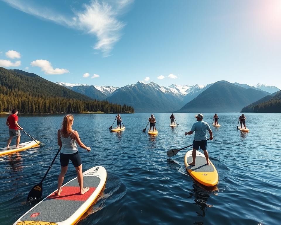 A serene view of SUP (Stand Up Paddleboarding) on the Nahuel Huapi Lake in Bariloche, Argentina. In the foreground, a diverse group of individuals, dressed in modest casual clothing, is paddling on vibrant boards, showcasing skill and enjoyment. The middle ground features gentle ripples on the lake's surface, reflecting the surrounding lush green forests and majestic mountains of the Patagonia region. The background showcases the stunning snow-capped peaks under a clear blue sky, with delicate clouds drifting by. The sunlight bathes the scene in a warm, inviting glow, creating a peaceful and active atmosphere. The composition is captured with a wide-angle lens to emphasize the vastness of the lake and its beautiful surroundings, encouraging a sense of adventure and tranquility. A serene view of SUP (Stand Up Paddleboarding) on the Nahuel Huapi Lake in Bariloche, Argentina. In the foreground, a diverse group of individuals, dressed in modest casual clothing, is paddling on vibrant boards, showcasing skill and enjoyment. The middle ground features gentle ripples on the lake's surface, reflecting the surrounding lush green forests and majestic mountains of the Patagonia region. The background showcases the stunning snow-capped peaks under a clear blue sky, with delicate clouds drifting by. The sunlight bathes the scene in a warm, inviting glow, creating a peaceful and active atmosphere. The composition is captured with a wide-angle lens to emphasize the vastness of the lake and its beautiful surroundings, encouraging a sense of adventure and tranquility.