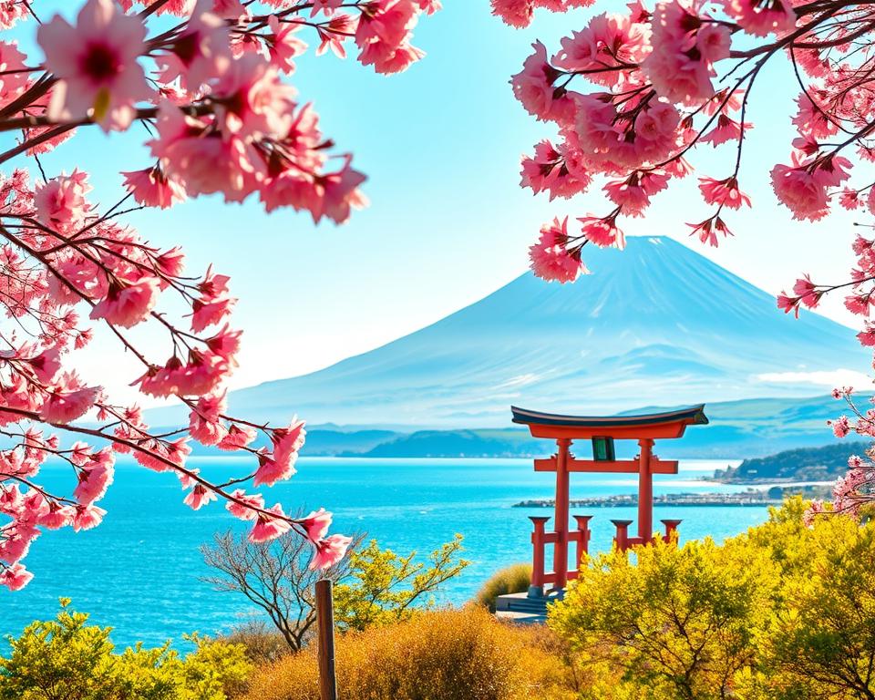 A serene view of Sakurajima, Kyushu, during springtime, showcasing the iconic volcano in full bloom. In the foreground, vibrant cherry blossom trees with delicate pink flowers sway gently in the breeze, creating a picturesque scene. The middle ground features a calm blue bay reflecting the soft rays of the golden hour sunlight, with a small traditional Japanese torii gate standing gracefully on the shore. The background displays the majestic Sakurajima volcano, shrouded in mist, with its lush green slopes contrasting against the bright sky. The overall atmosphere is tranquil and inviting, evoking a sense of peace and natural beauty. Use a wide-angle lens to capture the expansive landscape with soft focus on the background, illuminated by warm, golden light.