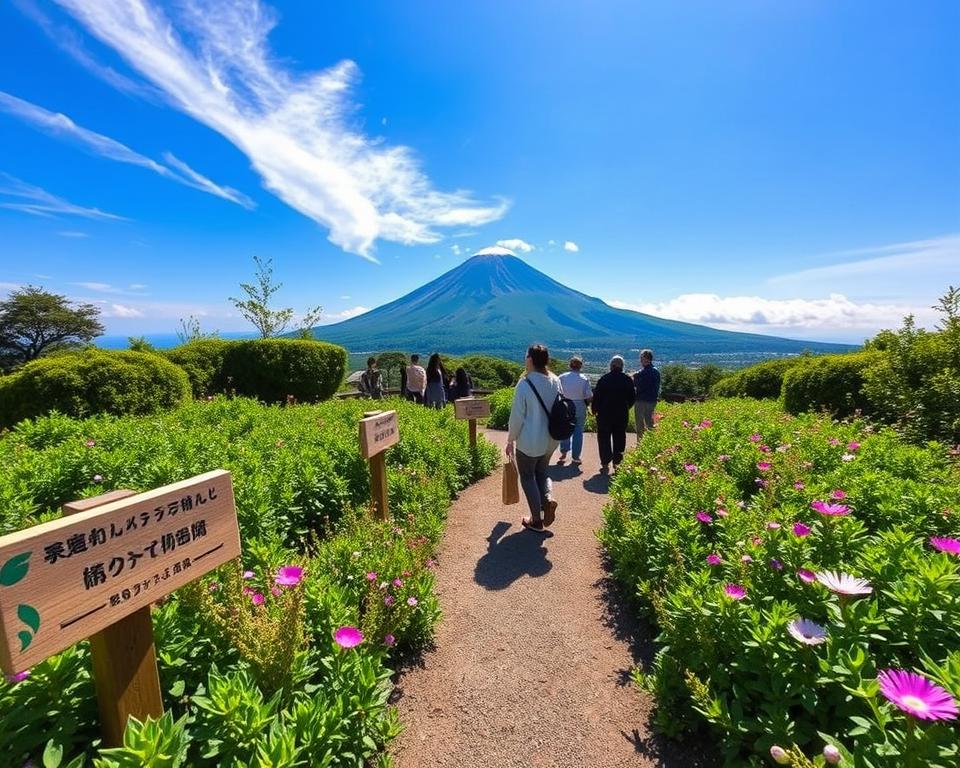 A serene view of Sakurajima, the iconic volcano in Kyushu, Japan, showcasing its lush, green landscape and vibrant flora in the foreground, with a sustainable travel theme. Include a pathway lined with eco-friendly wooden signs leading to a viewpoint, where respectful travelers dressed in modest casual clothing admire the scenery. In the background, the majestic volcano rises against a bright blue sky, with wisps of white clouds and hints of gentle sunlight breaking through. Capture the harmonious blend of nature and culture, reflecting a sense of tranquility and connection to the environment. Use a wide-angle lens to emphasize depth, ensuring the atmosphere feels calm and inviting, showcasing a sustainable travel experience.