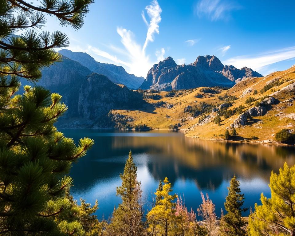 A serene view of Schwarzer See in Durmitor National Park, Montenegro, showcasing the dark, tranquil waters reflecting the surrounding rugged mountains. In the foreground, vivid green pine trees frame the lake, their needles glistening in the soft morning light. The middle ground features gentle slopes rising to rocky cliffs, dotted with patches of colorful wildflowers in bloom. In the background, towering peaks of the Durmitor mountains tower majestically against a clear blue sky, with wisps of white clouds lazily drifting by. The scene is bathed in warm, golden sunlight, creating a peaceful and inviting atmosphere, capturing the essence of nature’s beauty. The angle should be slightly elevated, providing a wide perspective of this breathtaking location.