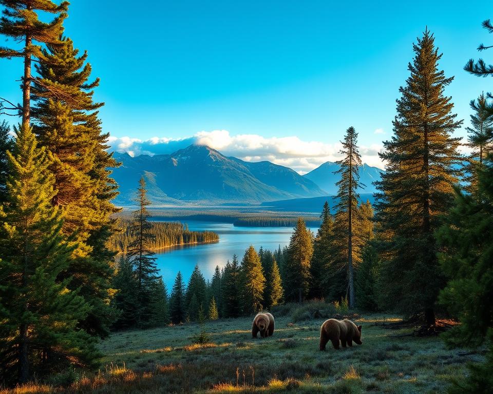 A serene view of Sweden's nature reserves, showcasing dense forests filled with tall pine trees in the foreground, with a gentle slope leading to a tranquil lake reflecting the clouds in the middle ground. In the background, majestic mountains rise against a clear blue sky, casting soft shadows. The scene is bathed in warm, golden sunlight, creating an inviting and peaceful atmosphere. A pair of brown bears can be seen peacefully foraging near the water’s edge, embodying the wildlife protected in these natural areas. The composition should emphasize the harmony of nature, with a focus on the animals' natural behavior. Capture the essence of a safe, untouched wilderness, with a lens perspective that highlights the beauty and tranquility of this Swedish landscape. A serene view of Sweden's nature reserves, showcasing dense forests filled with tall pine trees in the foreground, with a gentle slope leading to a tranquil lake reflecting the clouds in the middle ground. In the background, majestic mountains rise against a clear blue sky, casting soft shadows. The scene is bathed in warm, golden sunlight, creating an inviting and peaceful atmosphere. A pair of brown bears can be seen peacefully foraging near the water’s edge, embodying the wildlife protected in these natural areas. The composition should emphasize the harmony of nature, with a focus on the animals' natural behavior. Capture the essence of a safe, untouched wilderness, with a lens perspective that highlights the beauty and tranquility of this Swedish landscape.