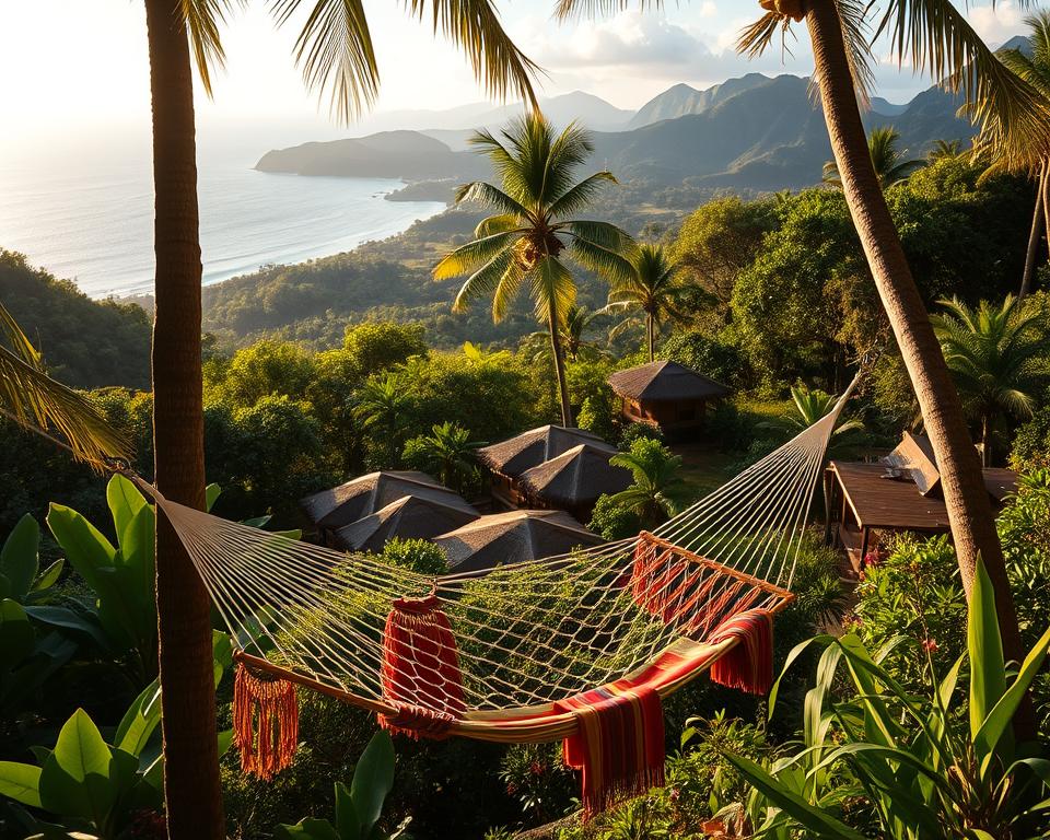 A serene view of Tayrona National Park showcasing various accommodation options amidst lush tropical foliage. In the foreground, a cozy hammock strung between two palm trees invites relaxation, adorned with colorful textiles. The middle ground features eco-lodges with thatched roofs and wooden decks, surrounded by vibrant greenery and glimpses of exotic flowers. The background reveals the breathtaking mountains and the distant shore of the Caribbean sea, its turquoise waters sparkling in the sunlight. Soft, golden hour lighting bathes the scene, casting warm shadows and creating a tranquil atmosphere. A wide-angle perspective captures the beauty and intimacy of this unique lodging experience, perfect for nature lovers seeking adventure and serenity.