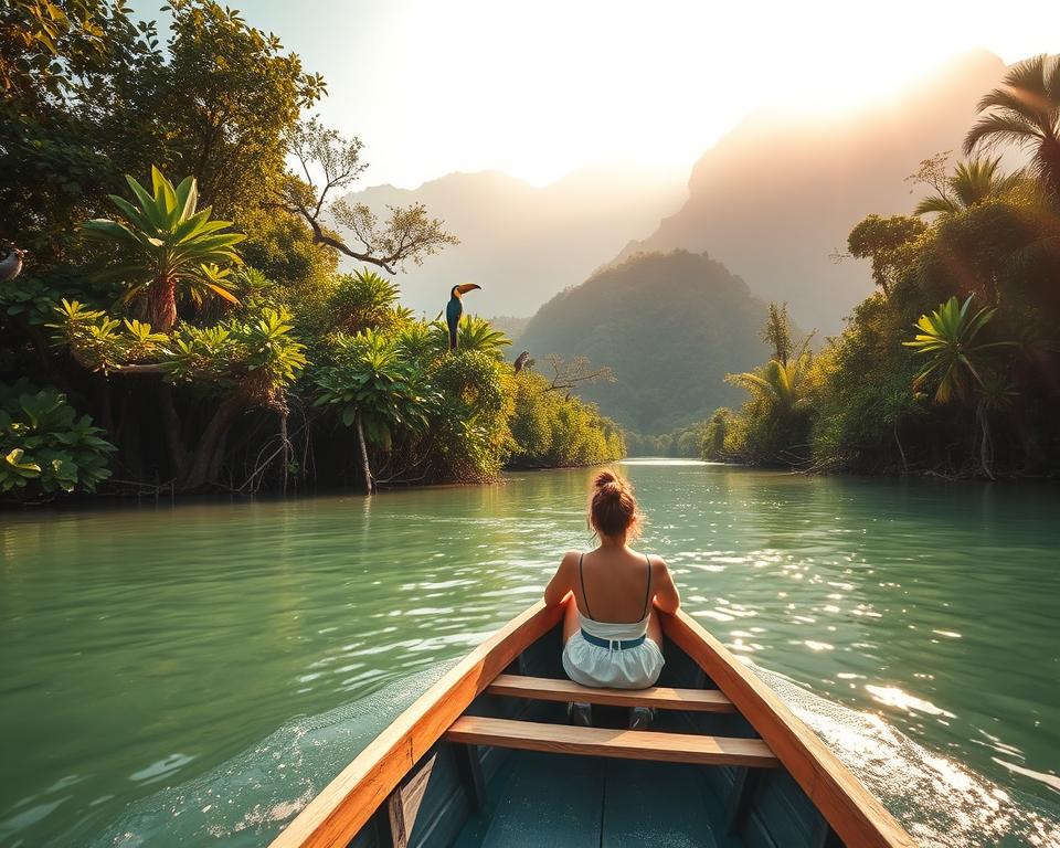 A serene view of Tortuguero National Park in Costa Rica during a boat tour. In the foreground, a small, wooden boat gently glides through the tranquil, emerald waters. Two tourists in casual, modest clothing are seated comfortably, admiring the lush surroundings. In the middle ground, vibrant green mangroves and tropical plants flank the waterways, with colorful birds like toucans and parrots perched on branches. In the background, misty mountains rise under a soft golden morning light, illuminating the scene with a warm glow. The atmosphere is peaceful and adventurous, evoking a sense of exploration in this rich biodiversity hotspot. The composition is wide-angle, capturing both the beauty of the landscape and the thrill of the boat tour experience.