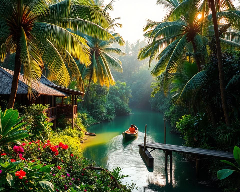 A serene view of Tortuguero's eco-lodges nestled among lush, tropical greenery and towering palm trees. In the foreground, a cozy wooden lodge with a thatched roof, surrounded by vibrant flowers and the sounds of nature. The middle ground features a winding river, reflecting the vibrant green hues of the rainforest, with a canoe gently gliding across the water. In the background, dense jungle foliage and hints of wildlife peeking through. Soft, warm lighting of the early morning sun filters through the trees, creating dappled shadows on the ground. The atmosphere is tranquil and inviting, evoking a sense of adventure and relaxation in a sustainable paradise. Use a wide-angle lens to capture the extensive scenery.