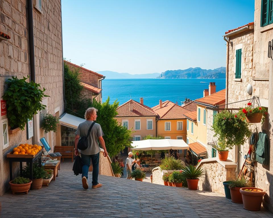 A serene view of Trogir's historic town, showcasing its charming stone architecture and vibrant greenery. In the foreground, a couple dressed in casual, eco-friendly clothing walks hand-in-hand along a cobblestone street, embodying sustainable travel. They are admiring a small local market filled with organic fruits and handmade crafts. In the middle ground, traditional Croatian buildings with terracotta roofs and lush potted plants create a picturesque setting. The background reveals the sparkling Adriatic Sea and a distant view of mountains under a clear blue sky. Soft, warm sunlight bathes the scene, casting gentle shadows and enhancing the colors. The atmosphere is peaceful and inviting, encouraging respectful exploration of Trogir’s hidden gems.
