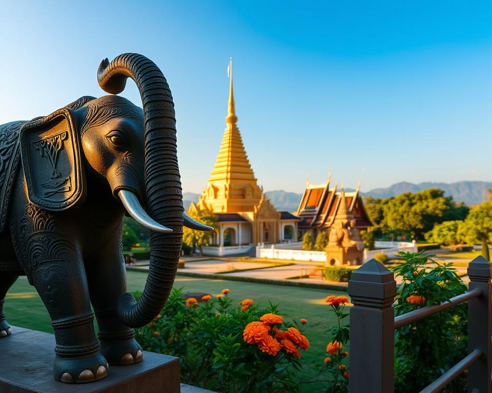 A serene view of Wat Chiang Man, the oldest temple in Chiang Mai, Thailand. In the foreground, intricately carved elephant statues are positioned near the entrance, showcasing detailed craftsmanship. The middle ground features the temple's striking Lanna architectural style, with its golden stupa glistening in the sunlight and surrounded by fragrant marigold flowers. The background reveals lush greenery and the faint outline of distant mountains under a clear blue sky. Soft, warm lighting enhances the tranquil atmosphere, capturing the essence of peace and spirituality. The angle is slightly elevated, providing a panoramic view that emphasizes the grandeur of the temple and its surroundings, inviting viewers to experience its historical significance and beauty. A serene view of Wat Chiang Man, the oldest temple in Chiang Mai, Thailand. In the foreground, intricately carved elephant statues are positioned near the entrance, showcasing detailed craftsmanship. The middle ground features the temple's striking Lanna architectural style, with its golden stupa glistening in the sunlight and surrounded by fragrant marigold flowers. The background reveals lush greenery and the faint outline of distant mountains under a clear blue sky. Soft, warm lighting enhances the tranquil atmosphere, capturing the essence of peace and spirituality. The angle is slightly elevated, providing a panoramic view that emphasizes the grandeur of the temple and its surroundings, inviting viewers to experience its historical significance and beauty.