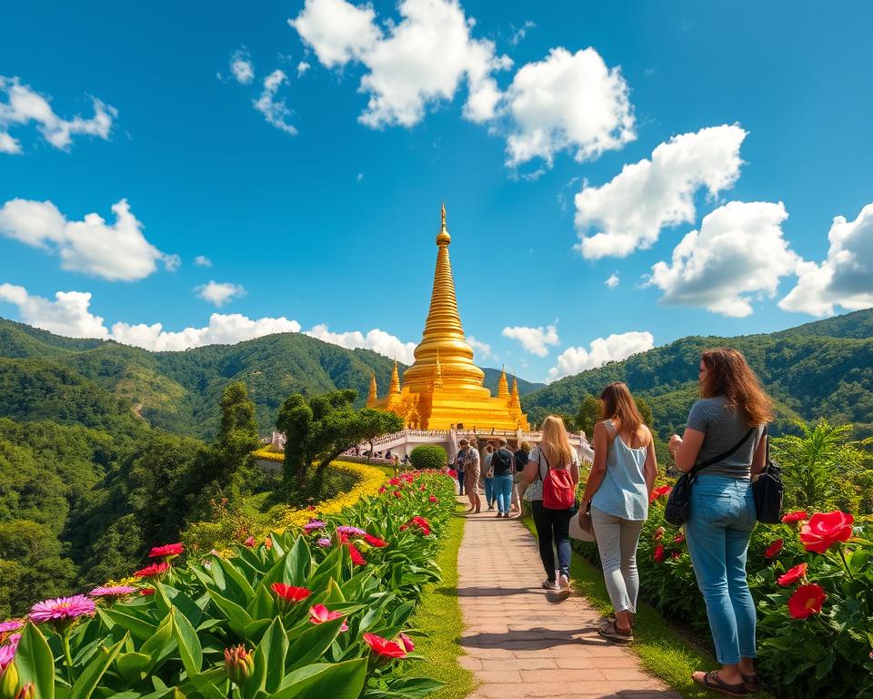 A serene view of Wat Phra That Doi Suthep in Thailand, capturing the intricate details of the golden chedi surrounded by lush green mountains. In the foreground, a well-maintained path invites visitors, lined with vibrant tropical flowers, leading up to the temple. The middle ground showcases tourists in modest casual clothing, taking in the breathtaking scenery, their expressions reflecting tranquility and wonder. The background features a bright blue sky dotted with fluffy white clouds, casting soft, warm sunlight over the temple, creating an inviting atmosphere. Use a slightly elevated angle to emphasize the temple's grandeur, with a focus on natural colors and textures, evoking a sense of peaceful exploration. No text or watermarks in the image.
