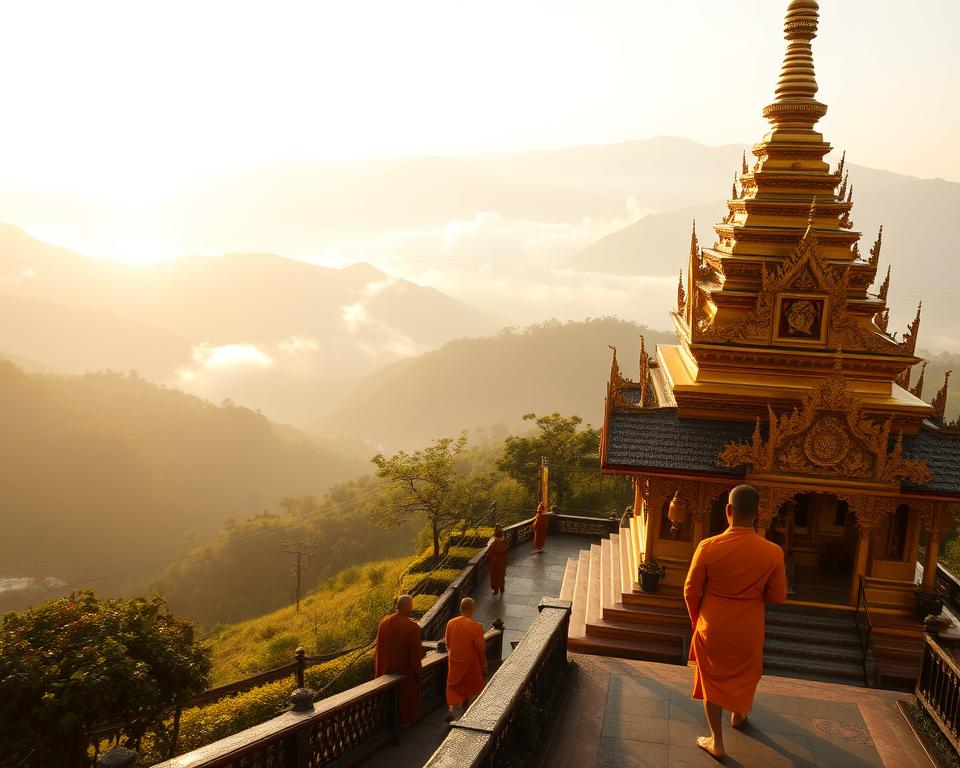 A serene view of Wat Phra That Doi Suthep temple, perched on a lush green mountain in Northern Thailand. In the foreground, capture the intricate golden stupa and detailed ornate architecture, reflecting sunlight. The middle ground features peaceful monks in modest saffron robes walking contemplatively along the temple path, embodying a spiritual atmosphere. The background showcases rolling hills draped in mist, with the soft glow of sunrise illuminating the scene. Use a wide-angle lens to emphasize the grandeur of the temple within the natural landscape. The mood should be tranquil and uplifting, inviting viewers to connect with the spiritual essence of this sacred site, surrounded by a gentle, warm light.