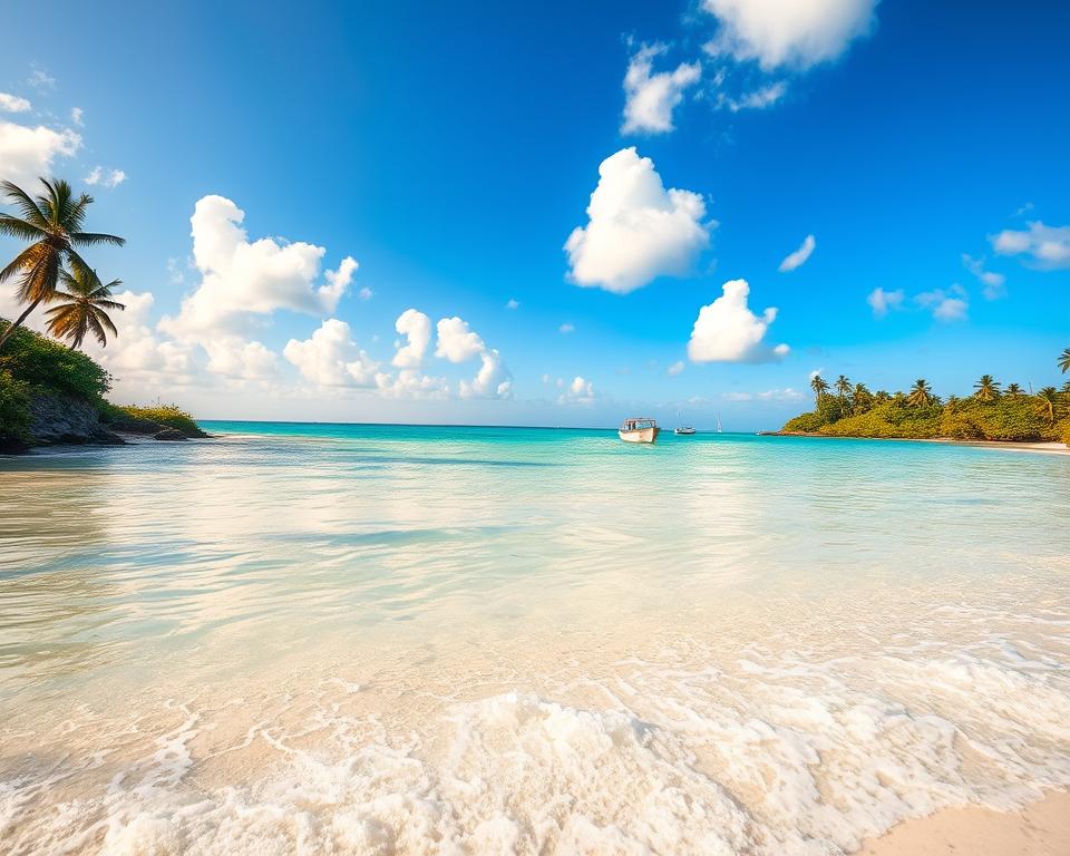 A serene view of Zanzibar's picturesque coastline, showcasing pristine white sandy beaches bordered by lush green mangroves. In the foreground, gentle waves lap at the shore, creating a soft foam. In the middle ground, vibrant turquoise lagoons glisten under the warm golden sunlight, accentuated with small fishing boats bobbing peacefully on the water. The background features a clear blue sky dotted with fluffy white clouds, framing the distant silhouette of tall palm trees swaying in a light breeze. The scene captures a tranquil, idyllic atmosphere, evoking a sense of relaxation and exploration. The lighting is bright and inviting, with a focus on enhancing the colors of the landscape, resembling a wide-angle shot taken during the golden hour.