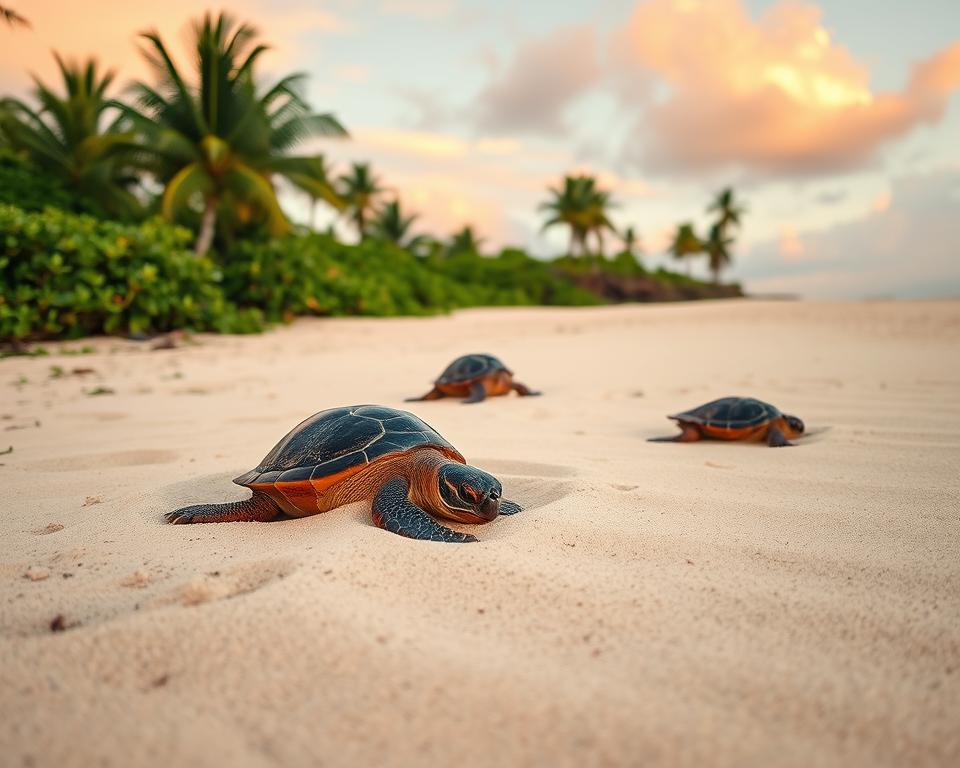A serene view of a Tortuguero beach at dawn, focusing on several sea turtles nesting in the soft, light-colored sand. In the foreground, a turtle is gently digging a nest, while in the middle ground, another turtle is slowly making its way back to the ocean, leaving delicate tracks behind. The background features lush greenery typical of Costa Rican coastal ecosystems, with hints of palm trees and tropical plants. The sky is painted in warm hues of orange and pink, casting a soft glow on the scene, enhancing the tranquil atmosphere. The lighting is soft and diffused, suggesting an early morning ambiance. Capture the scene using a wide-angle lens to encompass both the turtles and the natural surroundings, evoking a sense of responsibility and protection for these incredible creatures.