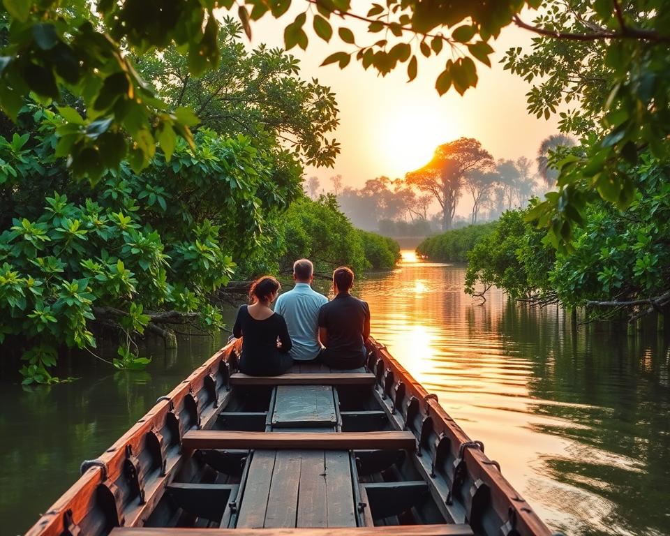 A serene view of a boat tour in the Sundarbans, surrounded by lush green mangroves and tranquil waters. In the foreground, a traditional wooden boat with a modest group of travelers dressed in casual attire, observing their surroundings with curiosity. The middle section showcases the dense foliage of the mangroves, with vibrant green leaves reflecting on the calm water. In the background, the hazy silhouette of distant trees under a golden sunset, casting warm light over the scene. The atmosphere is peaceful and adventurous, evoking a sense of exploration and connection with nature. The image should be captured from a slightly elevated angle, emphasizing the boat's journey through this unique ecosystem, with soft, natural lighting enhancing the scene's tranquility.