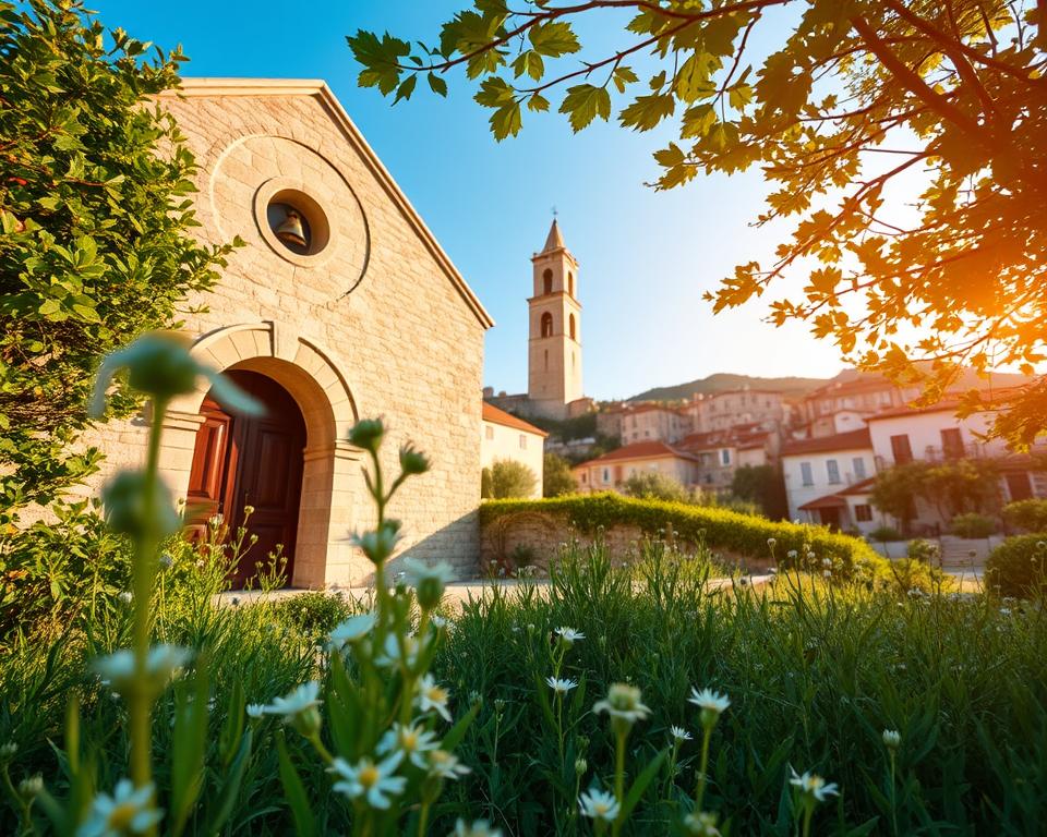 A serene view of a hidden church in Trogir, surrounded by lush greenery, exuding a tranquil atmosphere. In the foreground, delicate wildflowers bloom, framing the entrance of the ancient stone church with its weathered facade and arched doorway. The middle ground showcases the church's bell tower rising against a clear blue sky, with soft sunlight casting gentle shadows. In the background, glimpses of the charming old town reveal traditional architecture with terracotta roofs, nestled among the hills. The scene is bathed in warm, golden-hour light, creating an inviting aura of peace and discovery, evoking a sense of quiet exploration in this cultural gem. No people present, allowing the architecture and nature to speak for themselves.
