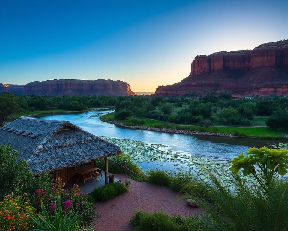 A serene view of accommodations in Kakadu National Park, capturing a blend of rustic charm and natural beauty. In the foreground, a thatched-roof cabin made from local materials, surrounded by lush greenery and colorful wildflowers. The middle ground features a tranquil river reflecting the vibrant blues of the sky, dotted with lily pads. In the background, majestic sandstone cliffs rise against a clear azure sky, with a hint of the setting sun casting warm golden tones. The atmosphere is peaceful and inviting, embodying the spirit of Australian wilderness. The scene is illuminated with soft, diffused lighting, enhancing the vivid colors of nature. Capture this idyllic landscape from a slightly elevated angle, emphasizing the harmony between accommodation and the stunning environment. No people are present in the scene.