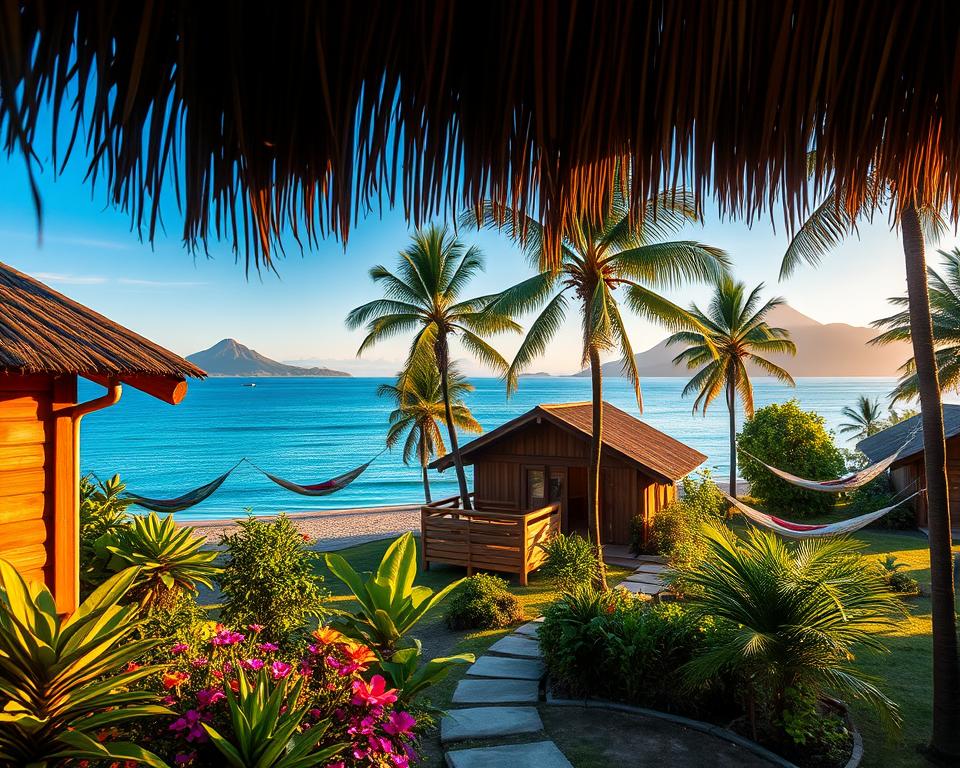 A serene view of diverse accommodations in Indonesia, featuring a picturesque coastal scene. In the foreground, a charming wooden homestay with a thatched roof, surrounded by lush tropical greenery and vibrant flowers. In the middle ground, an eco-resort with eco-friendly bungalows and hammocks swaying gently amidst palm trees. The background showcases stunning blue waters of the beach, and distant volcanic mountains kissed by sunlight. The atmosphere is tranquil and inviting, with soft golden lighting during sunset, casting warm hues across the scene. The image should be captured from a slight elevation, resembling an aerial view, to encompass the beauty of the surroundings without any people present. The overall mood is peaceful and enchanting, highlighting Indonesia’s natural beauty and hospitality.