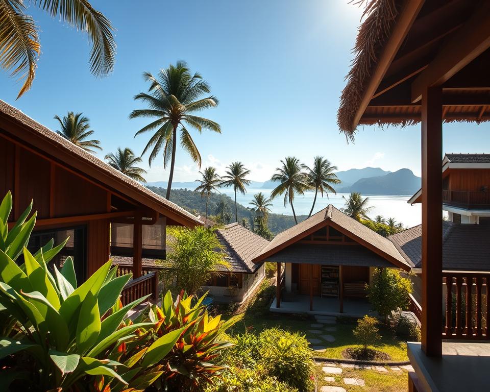 A serene view of diverse accommodations in Lovina, Indonesia, highlighting beachfront villas, cozy guesthouses, and lush bungalows. In the foreground, a charming wooden villa with a thatched roof nestled among vibrant tropical plants. The middle ground features a small guesthouse with a welcoming porch, decorated with local art, and a glimpse of a traditional Balinese bungalow. In the background, the stunning Balinese landscape with palm trees and distant mountains under a clear blue sky. Soft, warm sunlight bathes the scene, creating a tranquil atmosphere. The lens is set to a wide angle, capturing the beauty of the natural surroundings and the charm of Lovina’s accommodations, evoking a sense of relaxation and adventure for every traveler.