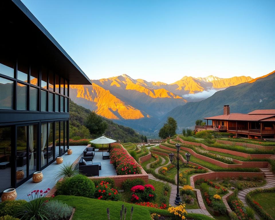 A serene view of luxury hotels and lodges nestled in the Sacred Valley of Peru, surrounded by lush green mountains. In the foreground, a beautifully designed modern lodge with large windows showcasing the breathtaking landscape. The middle ground features a cozy patio with comfortable seating, overlooking terraced gardens full of vibrant flowers and native plants. In the background, majestic mountains catch the soft glow of the sunset, bathing the scene in warm golden light. A clear blue sky adds to the tranquility of the setting, while hints of traditional Peruvian architecture can be seen in the details of the lodges. The overall atmosphere is peaceful and inviting, perfect for travelers seeking relaxation and cultural immersion in the Sacred Valley.