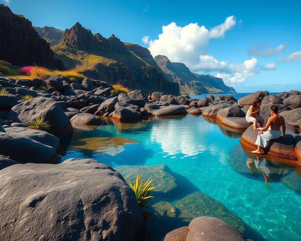A serene view of natural pools in Madeira, showcasing crystal-clear water surrounded by jagged volcanic rocks and lush greenery. In the foreground, smooth, dark stones glisten under soft sunlight, with a few tropical plants nestled along the edges. The middle area features tranquil water reflecting the vibrant blue sky and fluffy clouds, while people in modest casual clothing relax on the rocks, enjoying the clean air and stunning scenery. The background is a dramatic landscape of steep cliffs adorned with colorful wildflowers, evoking a sense of peaceful isolation. The overall atmosphere is tranquil and inviting, capturing the untouched beauty of Madeira’s natural pools, illuminated by warm golden hour lighting to create a magical, serene ambiance.