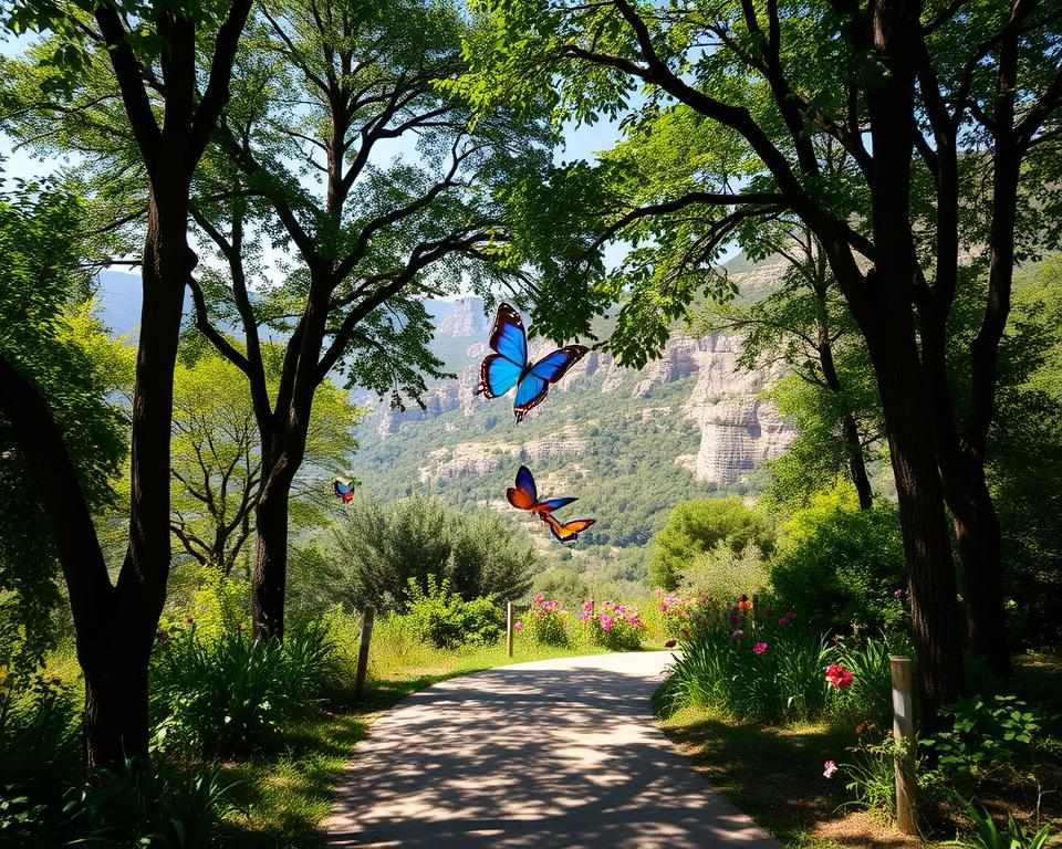 A serene view of the Butterfly Valley on the island of Rhodes, showcasing lush greenery with vibrant butterflies fluttering around. In the foreground, a winding path leads into the valley, framed by tall, leafy trees casting dappled shadows on the ground. In the middle, colorful butterflies in various species are gently resting on flowers, adding bursts of color to the scene. The background features rugged, natural cliffs and glimpses of a clear blue sky. Soft, diffused sunlight bathes the landscape, creating a calm and inviting atmosphere. The perspective is slightly elevated, as if standing on a hill, offering a captivating view of the valley below, evoking feelings of tranquility and wonder.