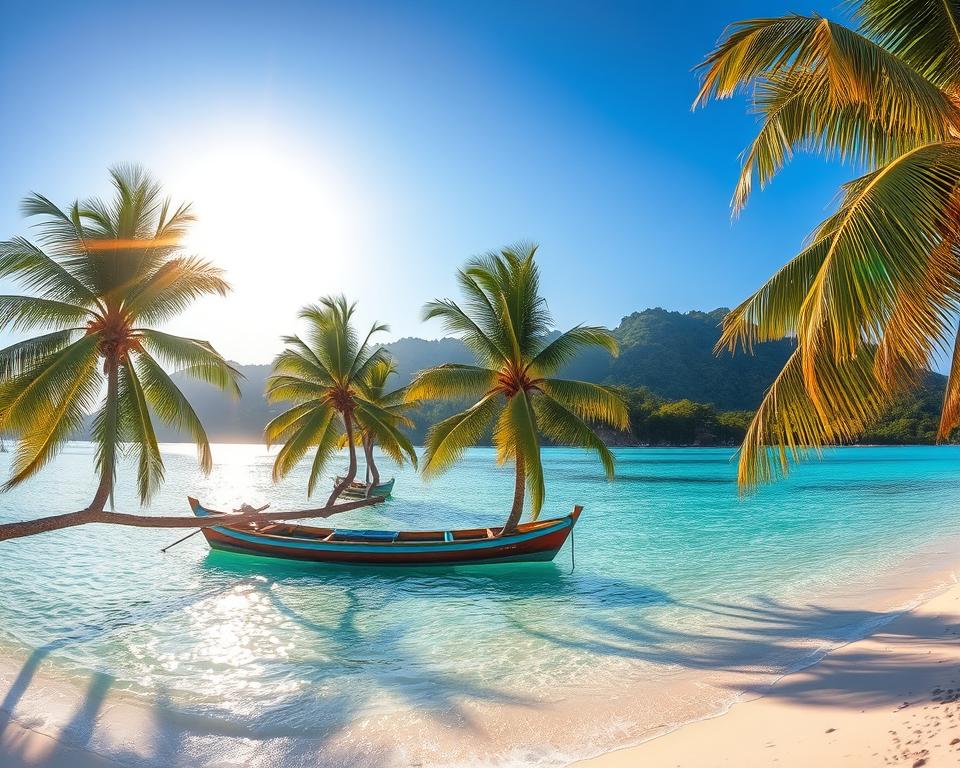 A serene view of the Gili Islands in Indonesia, showcasing crystal-clear turquoise waters gently lapping against pristine white sandy beaches. In the foreground, a cluster of tropical palm trees sways in the soft breeze, casting dappled shadows. The middle ground features calm water with a traditional wooden fishing boat, its colorful hull reflecting the vibrant hues of the sea. In the background, lush green hills rise, hinting at the untouched nature of the islands. The sun hangs low in the sky, creating a warm golden hour glow that enhances the tranquil atmosphere. The image should evoke feelings of relaxation and paradise, captured with a wide-angle lens for a panoramic effect, focusing on the beauty and serenity of this tropical getaway. A serene view of the Gili Islands in Indonesia, showcasing crystal-clear turquoise waters gently lapping against pristine white sandy beaches. In the foreground, a cluster of tropical palm trees sways in the soft breeze, casting dappled shadows. The middle ground features calm water with a traditional wooden fishing boat, its colorful hull reflecting the vibrant hues of the sea. In the background, lush green hills rise, hinting at the untouched nature of the islands. The sun hangs low in the sky, creating a warm golden hour glow that enhances the tranquil atmosphere. The image should evoke feelings of relaxation and paradise, captured with a wide-angle lens for a panoramic effect, focusing on the beauty and serenity of this tropical getaway.