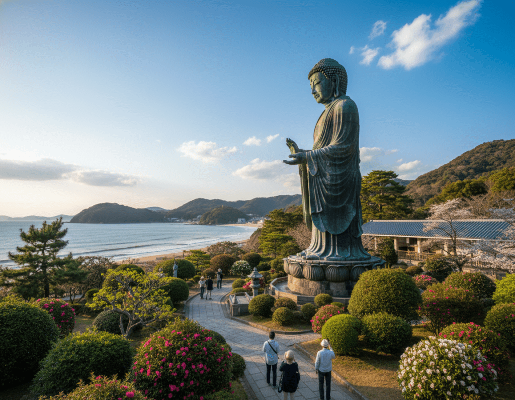 A serene view of the Great Buddha of Kamakura, a majestic bronze statue, standing 13.35 meters high, commands the foreground. The statue is surrounded by lush greenery and vibrant seasonal flowers, highlighting its historical and cultural significance. In the middle, a tranquil path winds through the gardens, with visitors exploring and admiring the statue, dressed in modest casual clothing. In the background, the coastline shimmers under a clear blue sky, with gentle waves lapping at the shore, complemented by distant hills and forested areas. The image is bathed in soft sunlight, creating an inviting and peaceful atmosphere. The angle captures the statue from a slightly low viewpoint, emphasizing its grandeur against the natural landscape.