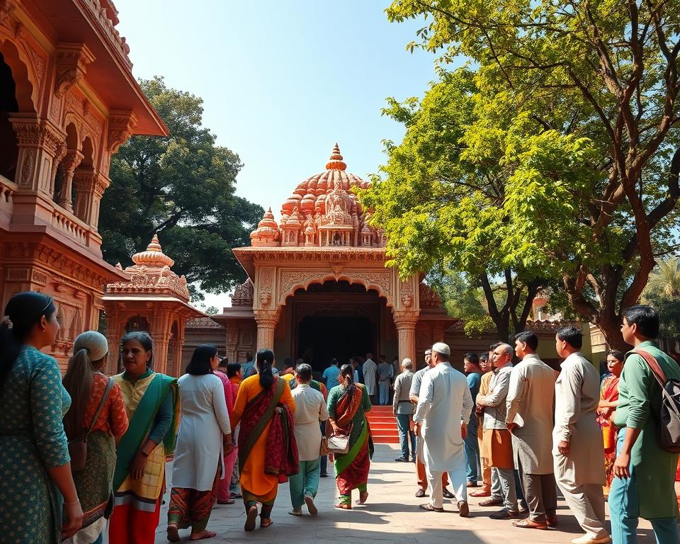 A serene view of the Karni Mata Temple in India, showcasing intricate architectural details and vibrant colors typical of Indian temples. In the foreground, a diverse group of travelers dressed in modest, traditional clothing, such as cotton kurta and salwars for women and cotton shirts and trousers for men, are observing the temple. The middle ground features the ornate entrance with detailed carvings, where people are respectfully entering. In the background, lush green trees and a clear blue sky frame the scene, creating a peaceful and welcoming atmosphere. The image is illuminated by warm, soft sunlight, enhancing the vibrant colors while casting gentle shadows. The angle is slightly elevated, capturing the grandeur of the temple and the engagement of the visitors, evoking a sense of cultural appreciation and spiritual reverence.