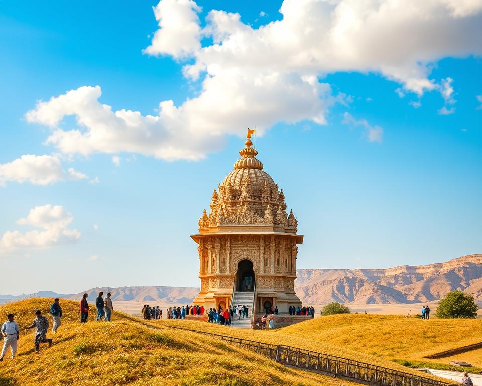 A serene view of the Karni Mata Temple in Rajasthan, India, showcasing its intricate carvings and majestic architecture. In the foreground, include gentle hills with scattered wildflowers, under a bright blue sky with soft, fluffy clouds. The middle ground should feature the temple itself, ornately embellished with gold and white details, surrounded by visitors dressed in modest clothing, admiring the beauty of the site. In the background, capture the rugged landscape of the Thar Desert, adding depth to the scene. The lighting should be warm and inviting, simulating the golden hour just before sunset. Use a wide-angle perspective to encompass the grandeur of the temple and its surroundings, evoking a sense of tranquility and spiritual awe.