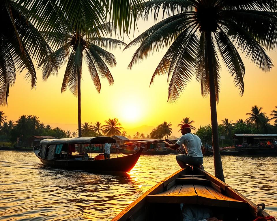 A serene view of the Kerala backwaters during golden hour, with lush green palm trees gently swaying in the soft breeze. In the foreground, a traditional wooden houseboat glides quietly through the calm waters, with a local fisherman casting his net, dressed in simple, modest clothing. The middle ground showcases a vibrant village life along the banks, with small huts, colorful market stalls filled with fruits and spices, and villagers engaging in daily tasks. In the background, a hazy horizon of distant hills under a warm, glowing sunset creates a tranquil atmosphere. Soft, natural lighting enhances the scene, capturing the vivid colors and peaceful essence of this authentic experience. The angle should provide a wide perspective, immersing the viewer in the enchanting environment of the backwaters.