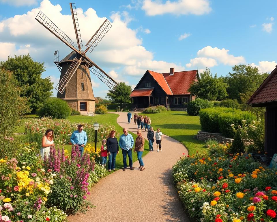 A serene view of the Mühlenmuseum Gifhorn, showcasing a traditional windmill in the foreground surrounded by blooming flowers and lush greenery. In the middle ground, include a well-maintained path winding towards the museum, where families and visitors are engaging comfortably, dressed in casual, modest clothing. The background features a clear blue sky with soft, fluffy clouds to convey a peaceful atmosphere. Use warm, natural lighting to highlight the details of the windmill, the vibrant colors of the flowers, and the joyful expressions of the people enjoying their visit. The perspective should be slightly elevated, capturing the expansive beauty of the museum grounds, emphasizing relaxation and a stress-free experience for visitors.