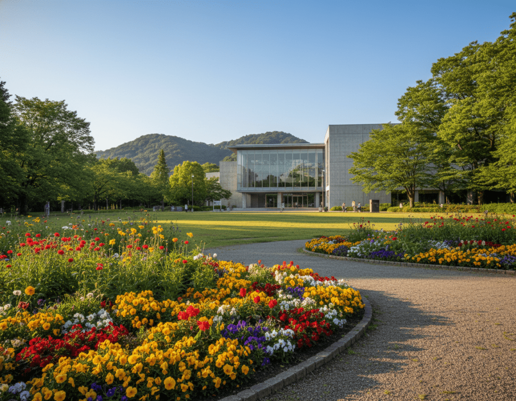 A serene view of the Nagoya City Art Museum nestled within the lush greenery of Shirakawa Park. In the foreground, vibrant flower beds bloom with a variety of colorful flowers, leading to a well-maintained pathway. The midground features the modern architecture of the art museum with its large glass windows reflecting sunlight, surrounded by tall trees that provide shade. In the background, gentle hills and a clear blue sky create a harmonious atmosphere. The scene is bathed in soft, natural lighting, capturing an early afternoon glow. The composition has a balanced perspective, emphasizing both the cultural significance of the museum and the tranquility of the surrounding park. Ideal for a peaceful cultural experience setting.