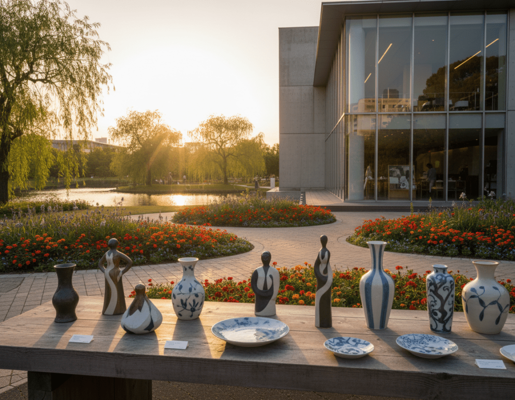 A serene view of the Noritake Garden and Keramik Museum in Nagoya, showcasing beautiful ceramic artworks amidst lush greenery. In the foreground, intricately designed ceramic pieces are elegantly displayed on a rustic wooden table. The middle ground features the museum’s modern architecture with large glass windows reflecting the sunlight, surrounded by vibrant flower beds and well-maintained pathways. In the background, a tranquil pond glistens under the soft sunlight, with willow trees gently swaying. The scene is illuminated by warm, golden hour lighting, creating a peaceful and inviting atmosphere. The image captures the essence of artistry and nature harmoniously blending together, inviting visitors to explore and relax. The composition has a balanced layout that emphasizes the garden’s beauty and the museum's architectural charm.