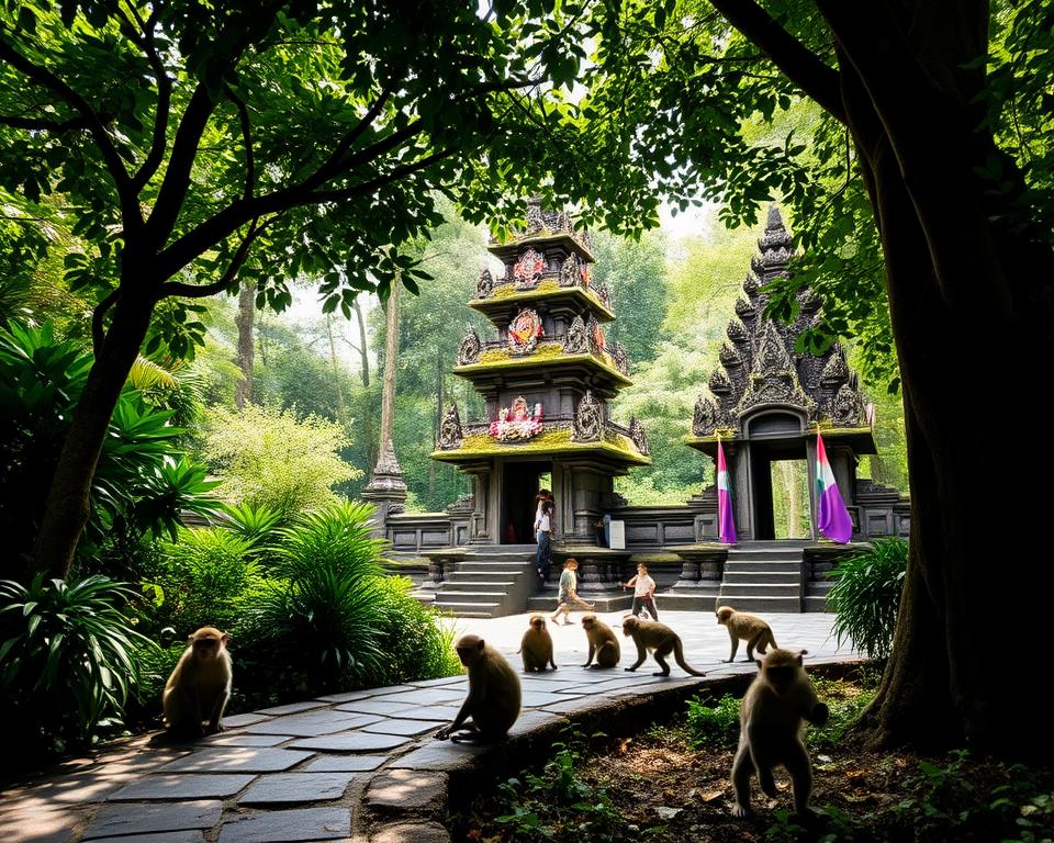 A serene view of the Sangeh Monkey Forest Temple, set amidst lush, tropical greenery. In the foreground, a stone pathway meanders through dense foliage, with playful monkeys interacting among the trees. The middle ground features intricately carved Balinese temple structures adorned with moss and vibrant offerings, showcasing traditional architecture with towering gateways. In the background, sunlight filters through the dense canopy, creating dappled light effects that enhance the tranquil atmosphere of the forest. Use a wide-angle lens to capture the expanse of the area, with a focus on the temple to evoke a sense of deep spirituality and connection to nature. The mood is peaceful, inviting viewers to immerse themselves in this sacred space. A serene view of the Sangeh Monkey Forest Temple, set amidst lush, tropical greenery. In the foreground, a stone pathway meanders through dense foliage, with playful monkeys interacting among the trees. The middle ground features intricately carved Balinese temple structures adorned with moss and vibrant offerings, showcasing traditional architecture with towering gateways. In the background, sunlight filters through the dense canopy, creating dappled light effects that enhance the tranquil atmosphere of the forest. Use a wide-angle lens to capture the expanse of the area, with a focus on the temple to evoke a sense of deep spirituality and connection to nature. The mood is peaceful, inviting viewers to immerse themselves in this sacred space.