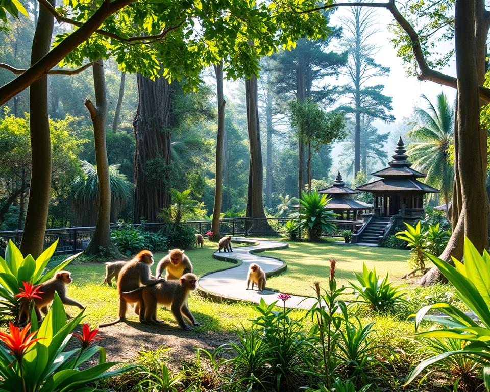 A serene view of the Sangeh Monkey Forest in Bali, showcasing lush greenery and towering trees under soft, dappled sunlight. In the foreground, a group of playful Balinese long-tailed macaques interact with one another, displaying their natural curiosity and charm. They are surrounded by vibrant tropical plants and colorful flowers, depicting the rich biodiversity of the forest. In the middle ground, winding paths made of natural materials invite visitors to explore the eco-friendly trails, blending harmoniously with the environment. The background features tall, ancient trees and a distant glimpse of a traditional Balinese temple, enhancing the cultural significance of the location. The mood is tranquil and harmonious, evoking a sense of sustainable tourism and connection with nature. The image should have a warm, inviting color palette, with a focus on natural lighting to enhance the tranquil atmosphere. A serene view of the Sangeh Monkey Forest in Bali, showcasing lush greenery and towering trees under soft, dappled sunlight. In the foreground, a group of playful Balinese long-tailed macaques interact with one another, displaying their natural curiosity and charm. They are surrounded by vibrant tropical plants and colorful flowers, depicting the rich biodiversity of the forest. In the middle ground, winding paths made of natural materials invite visitors to explore the eco-friendly trails, blending harmoniously with the environment. The background features tall, ancient trees and a distant glimpse of a traditional Balinese temple, enhancing the cultural significance of the location. The mood is tranquil and harmonious, evoking a sense of sustainable tourism and connection with nature. The image should have a warm, inviting color palette, with a focus on natural lighting to enhance the tranquil atmosphere.