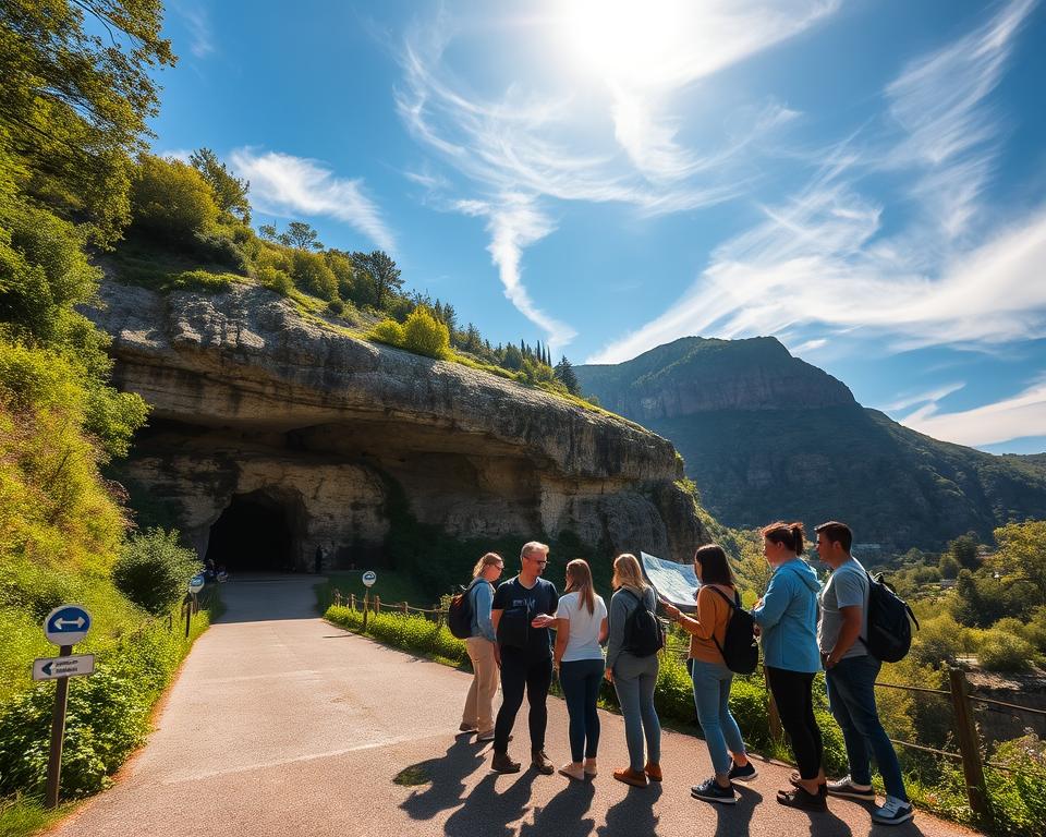 A serene view of the Schlossberghöhlen in Homburg, showcasing its ancient cave entrance nestled within lush greenery and rugged cliffs. In the foreground, a well-maintained pathway leads visitors towards the cave, with subtle directional signs hinting at orientation points. The middle ground features a small group of diverse tourists dressed in casual outdoor attire, attentively studying a map, surrounded by the enchanting geological formations of the caves. The background captures the majestic heights of Schlossberg hill under a bright blue sky, with wispy clouds and warm sunlight illuminating the scene. The mood is inviting and adventurous, emphasizing exploration and discovery within this natural wonder. The composition is balanced with a slightly elevated angle that enhances the cave's grandeur while providing a sense of welcoming orientation.