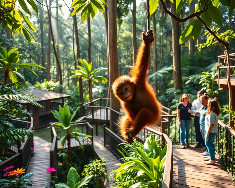 A serene view of the Sepilok Orang-Utan Rehabilitation Centre, nestled in the lush rainforest of Malaysia. In the foreground, a young orangutan is playfully swinging from a thick vine, surrounded by vibrant green foliage and colorful tropical flowers. In the middle ground, wooden walkways and viewing platforms invite visitors to observe these magnificent creatures in their natural habitat, with a knowledgeable guide explaining their behaviors to a small group of visitors dressed in modest casual clothing. The background features tall, rich trees with sunlight filtering through the leaves, creating a warm and inviting atmosphere. The scene captures the natural beauty and conservation efforts of the centre, with a soft focus lens giving a dreamy, tranquil feel to the image. The lighting is soft and dappled, enhancing the lush greenery and playful orangutan.