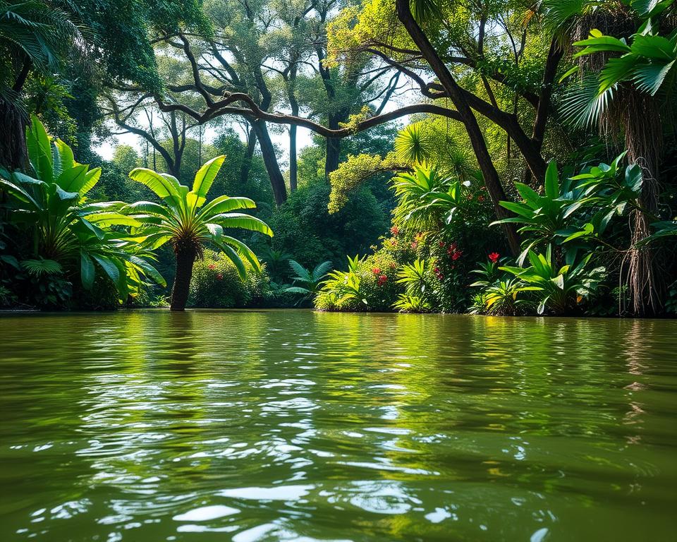 A serene view of the Süßwasserkanäle in Tortuguero National Park, Costa Rica, capturing the lush, vibrant rainforest surrounding the waterways. In the foreground, a tranquil canal reflects the rich green foliage, with gentle ripples on the surface. The midground features dense clusters of tropical plants, showcasing bright, colorful flowers and vines. In the background, towering trees create a canopy, with dappled sunlight filtering through, illuminating the scene in a warm, inviting glow. The atmosphere is peaceful and idyllic, evoking a sense of adventure and connection with nature. The composition is wide-angle, emphasizing the expansive beauty of this unique ecosystem, with soft, natural lighting to highlight the vibrant colors and textures.