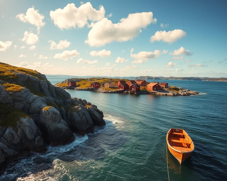 A serene view of the Swedish archipelago coastline, featuring rugged granite cliffs adorned with patches of lush green vegetation. In the foreground, gentle waves lapping at the shore create a peaceful atmosphere, while a wooden boat floats nearby, hinting at exploration. The middle ground showcases a cluster of charming, colorful wooden cottages with red and yellow hues, characteristic of the region. The background reveals a stunning mix of distant islands under a bright blue sky dotted with fluffy white clouds. Soft sunlight bathes the scene, casting inviting golden tones across the water and landscape. Capture this tranquil moment with a wide-angle lens to emphasize the expansive beauty of the archipelago, evoking a sense of adventure and serenity.