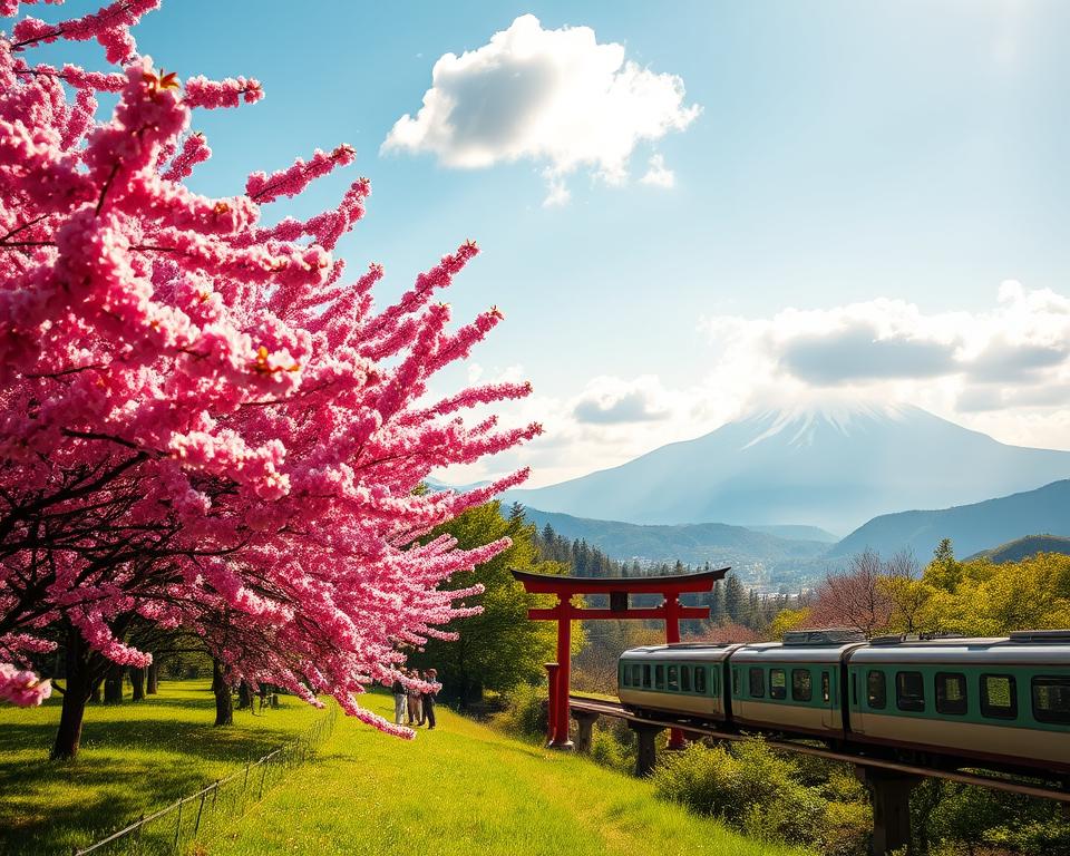 A serene view of the Tokio Kyoto Route, featuring a picturesque train traversing through lush, green landscapes. In the foreground, vibrant cherry blossom trees bloom, their petals gently falling like pink confetti. The middle ground displays a traditional wooden torii gate, symbolizing Japan's rich culture. Further back, majestic mountains loom under a bright blue sky, with fluffy white clouds creating a dreamy atmosphere. The scene is illuminated by soft, golden afternoon sunlight, casting gentle shadows and enhancing the vivid colors. The composition is captured from a slight elevation, as if from a hilltop perspective, emphasizing the harmonious blend of tradition and modernity that defines Japan. The mood is tranquil and uplifting, inviting viewers to explore the beauty of this enchanting journey.