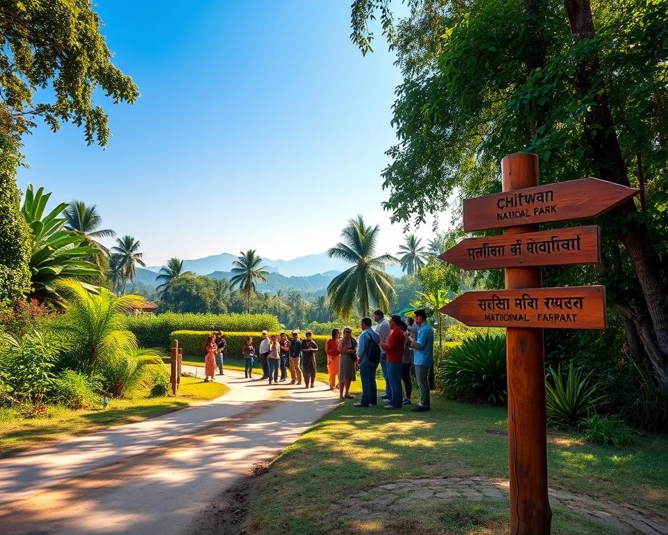 A serene view of the entrance to Chitwan National Park in Nepal, featuring a well-maintained dirt road leading through lush green foliage. In the foreground, a wooden signpost with carved directions welcomes visitors. The middle ground showcases a small group of tourists dressed in modest outdoor attire, eagerly preparing their cameras against a backdrop of towering trees and vibrant tropical plants. In the background, the silhouette of distant hills under a clear blue sky captures the essence of the park's natural beauty. The lighting is bright and warm, suggesting mid-morning sunlight, with gentle shadows from the trees. The atmosphere is peaceful and inviting, perfect for adventure seekers exploring this UNESCO World Heritage Site.