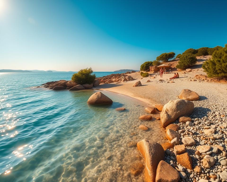 A serene view of the hidden beaches of Insel Čiovo, Croatia, showcasing soft golden sands bordered by crystal-clear turquoise waters. In the foreground, gentle waves lap against smooth pebbles, while a few sunlit rocks provide natural seating. The middle ground features lush green vegetation and sun-kissed rocky paths that lead to secluded swimming spots, with visitors in modest casual clothing enjoying the tranquil atmosphere. The background reveals the picturesque horizon filled with distant islands under a clear blue sky, illuminated by the warm glow of a late afternoon sun. The scene evokes a peaceful, inviting mood, perfect for relaxation in nature. The image is captured with a wide-angle lens to enhance depth, showcasing the beauty of the landscape in stunning detail.