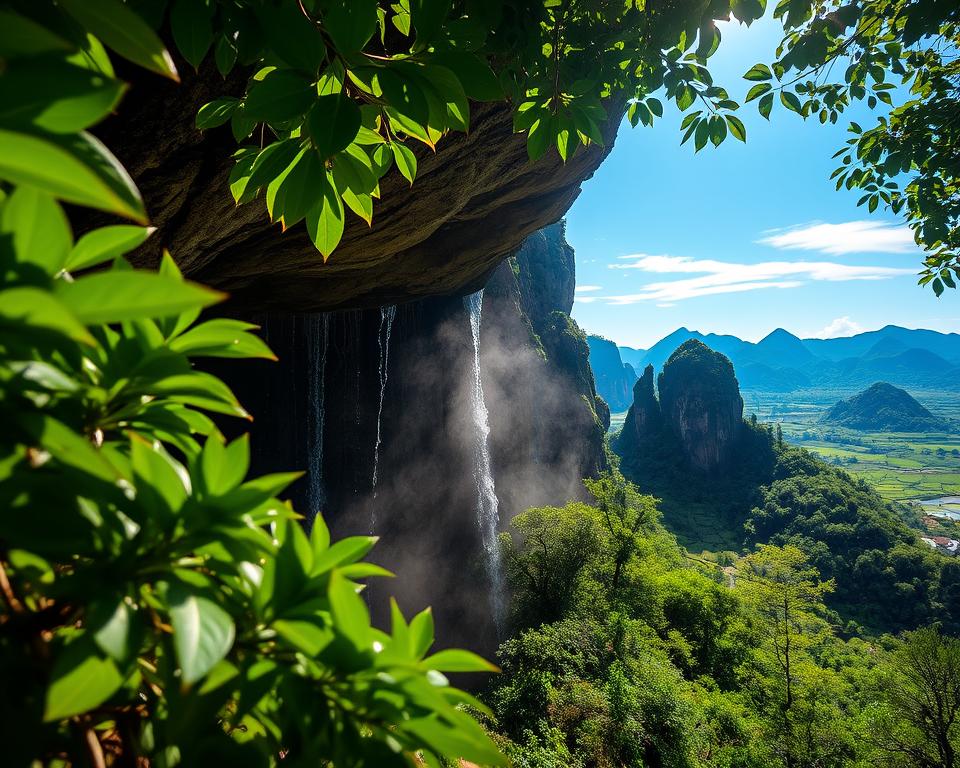 A serene view of the hidden spots within the Mua Caves, Vietnam. In the foreground, lush green foliage frames the entrance to a mystical cave, glistening with moisture. The middle ground shows rugged, limestone formations rising dramatically, partially shrouded in mist. Water drips from the stalactites above, creating a tranquil atmosphere. Soft, dappled sunlight filters through the leaves, casting gentle shadows and highlighting the textures of the rocks. In the background, the lush landscape of rice paddies and distant mountains stretches out under a bright blue sky, evoking a sense of adventure and discovery. The mood is peaceful and enchanting, inviting viewers to explore the secrets of this hidden gem. The image is captured with a wide-angle lens, emphasizing the grandeur and mystery of the caves without any people or text present.