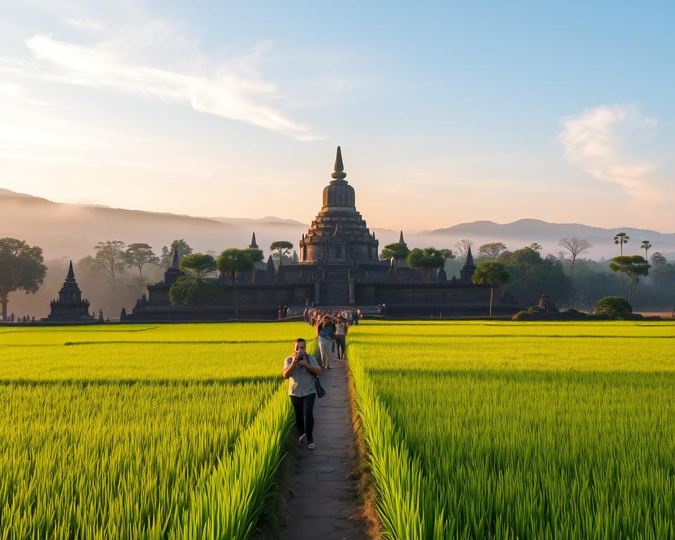 A serene view of the iconic Borobudur temple in Java, Indonesia, during the early morning light, casting a soft golden hue over the ancient stone structure. In the foreground, lush green rice fields stretch out, with a narrow path leading toward the temple. A group of modestly dressed tourists, capturing the moment with their cameras, stroll along the path, showcasing their excitement. The midground features the majestic temple rising majestically, surrounded by mist-shrouded hills and trees. In the background, a tranquil blue sky with wisps of soft clouds hints at the day's warm atmosphere. The overall mood is one of adventure and cultural exploration, inviting viewers to immerse themselves in this unique travel experience.