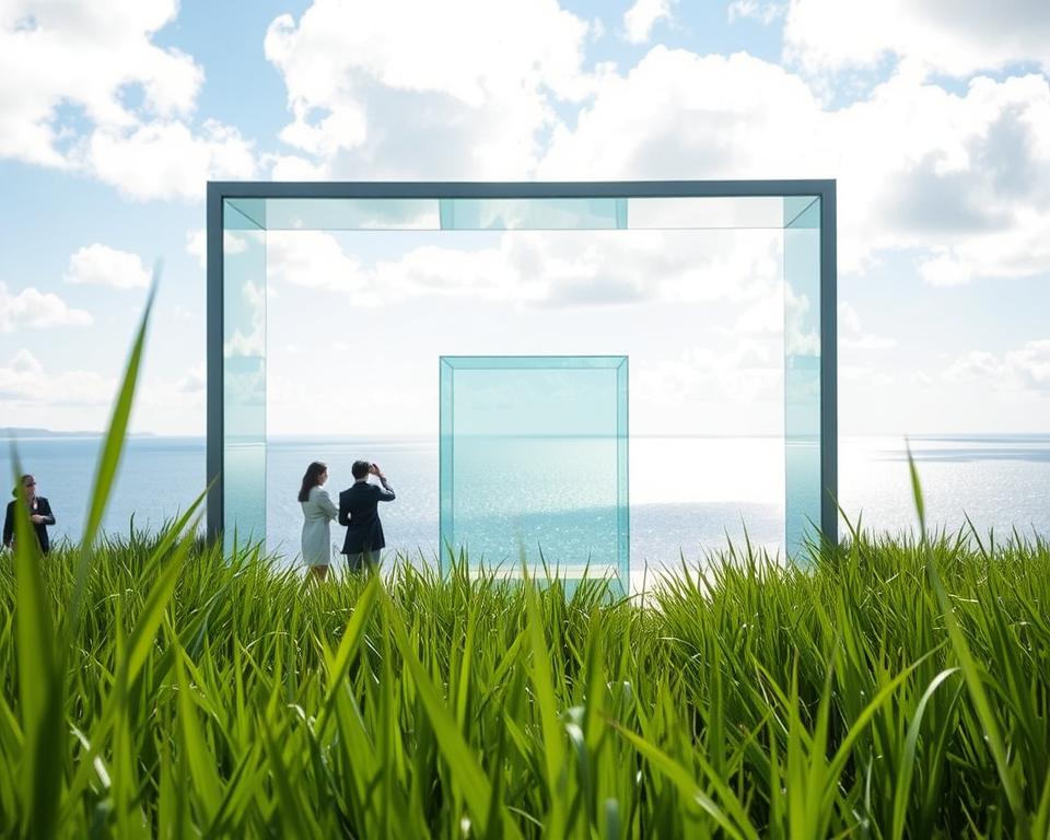 A serene view of the renowned Naoshima Zeitfenster, featuring its iconic glass window structure reflecting the beauty of the landscape. In the foreground, vibrant green grass sways lightly in the gentle breeze, while a few elegantly dressed visitors, wearing smart casual attire, admire the artwork and take photographs. The middle ground showcases the large glass installation, framed by soft, natural lighting that creates glimmers on its surface. In the background, the tranquil sea merges seamlessly with a bright blue sky filled with fluffy clouds, enhancing the peaceful atmosphere. The composition is captured from a slightly elevated angle, providing depth and inviting viewers to immerse themselves in this artistic oasis. The mood is calm and contemplative, perfect for an exploration of Naoshima's artistic treasures.