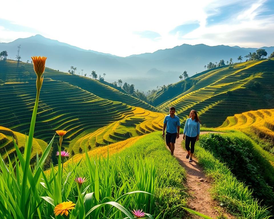 A serene view of the stunning rice terraces of Jatiluwih, Bali, captured in the early morning light. In the foreground, lush green grasses and vibrant tropical flowers gently sway in the breeze. The middle ground features the cascading layers of rice paddies, their rich greens contrasting with golden hues of the ripe rice plants. A narrow path winds through the terraces, where a man and woman, dressed in modest casual clothing, walk calmly, exuding a sense of exploration and respect for the landscape. In the background, majestic mountains loom under a soft blue sky dotted with wispy clouds, creating a tranquil and inviting atmosphere. The lighting is warm and soft, enhancing the natural beauty and serenity of the scene while suggesting an atmosphere of safety and respect for the cultural setting.